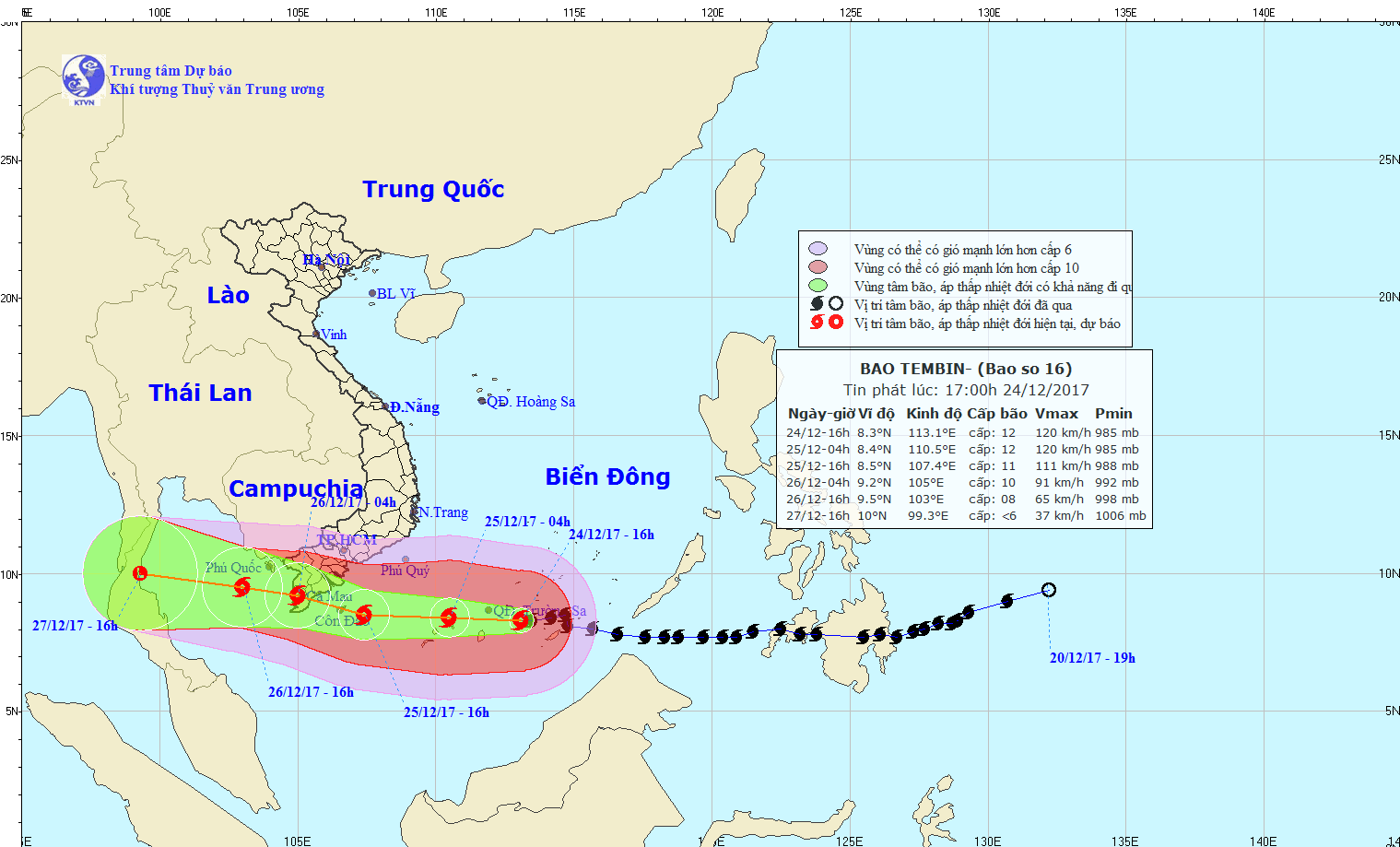 TIN BÃO GẦN BỜ  (Cơn bão số 16)Cập nhật lúc 17 giờ 20 phút, ngày 24 tháng 12 năm 2017