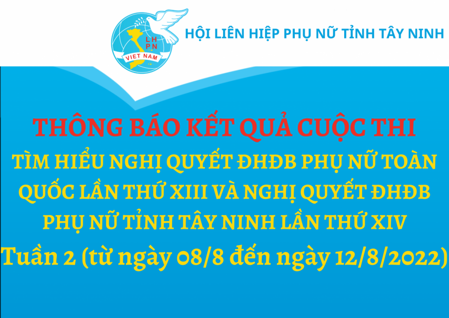 THÔNG BÁO KẾT QUẢ  Tuần 02 (từ ngày 08/8 – 12/8/2022) Cuộc thi trắc nghiệm “Tìm hiểu Nghị quyết Đại hội đại biểu Phụ nữ toàn quốclần thứ XIII, Nghị quyết Đại hội đại biểu Phụ nữ tỉnh lần thứ XIV” trên mạng Internet năm 20