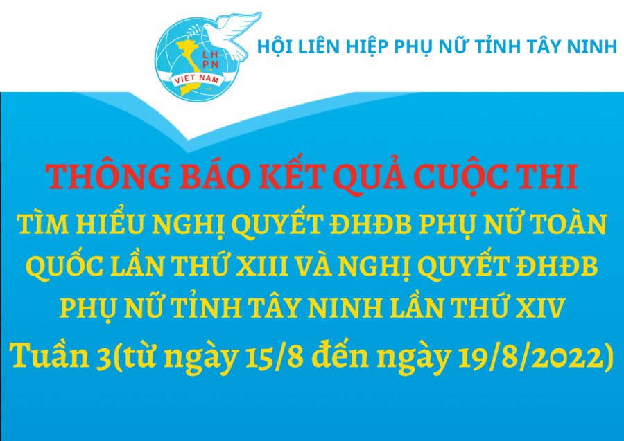 THÔNG BÁO KẾT QUẢ  Tuần 03 (từ ngày 15/8 – 19/8/2022) Cuộc thi trắc nghiệm “Tìm hiểu Nghị quyết ĐHĐB Phụ nữ toàn quốc lần thứ XIII, Nghị quyết ĐHĐB Phụ nữ tỉnh lần thứ XIV” trên mạng Internet năm 2022